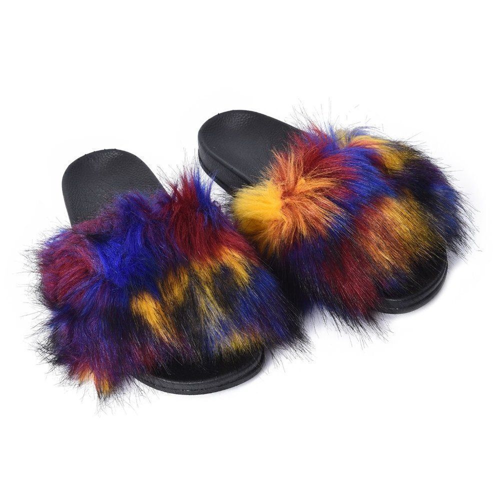 Faux Fur Fairy Open Toe Slippers Multicolor
